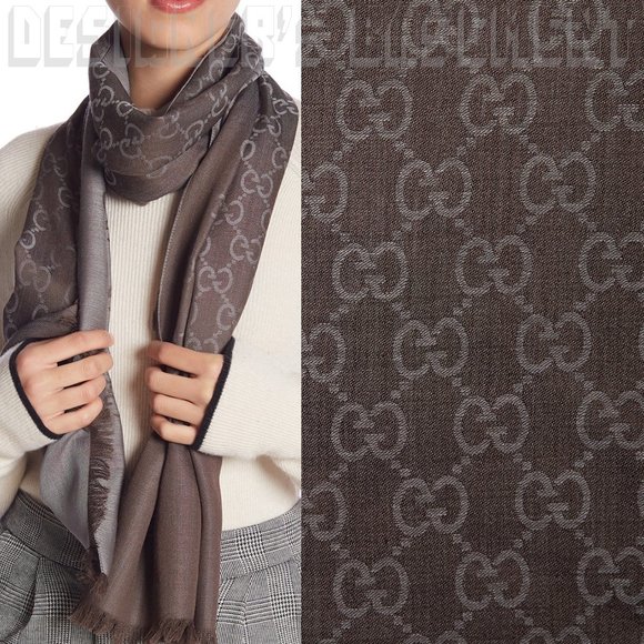 GUCCI Brown & Graphite gray GGNAT wool & silk blend 18"x70" shawl Pashmina scarf - Picture 1 of 7